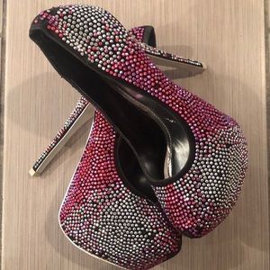 Alba, Rhinestone Platform Stiletto Heels, Size 7.5, Pink/Black/Clear, Heels